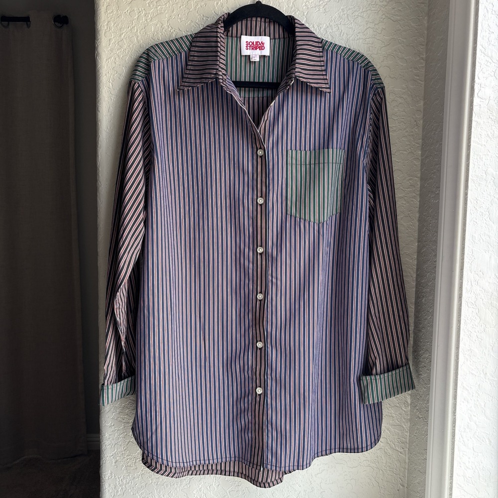 Solid & Striped Womens L Stripe Multi Button Down Shirt Navy Green Preppy Layer